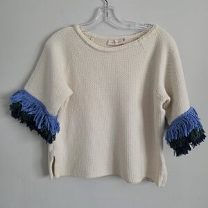 TORY BURCH | Kingston Sweater cream Green Blue Fringes Wool Cotton Sz L